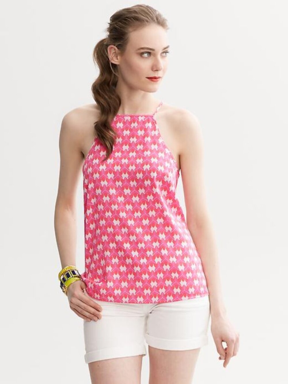 BANANA REPUBLIC x MILLY Pink Geometric Print Stretch Silk Apron Tank Top, Size S